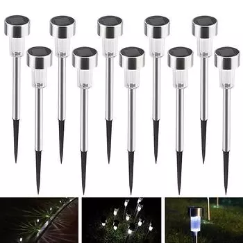 10 pcs Solar Power LED Lawn Lamps with Lampshades White & Silver Durable & Energy-Efficient, Illuminate Your Path, Patio, Yard 0-5W