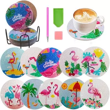 10 предметов Diamond Art Coaster Flamingo Set Diamond Painting Coaster Craft Kit Acrylic Glitter 5D Diamond Painting Kit with Holder Coaster Kit Beginner