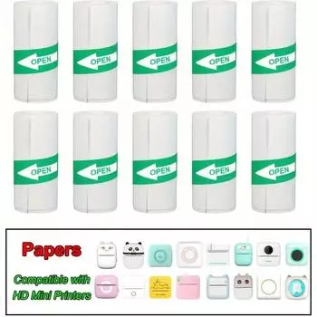 10 рулонов мини-принтера, клейкая бумага, самоклеящаяся бумага, белая термобумага, наклейка для принтера, наклейка для беспроводных учебных заметок, фотопринтер 10pcs Adhesive белый