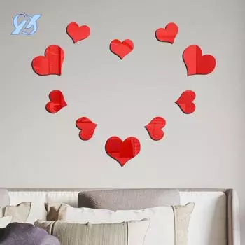 10 сердец зеркальные настенные наклейки акриловые трехмерные декоративные настенные самоклеящиеся настенные наклейки