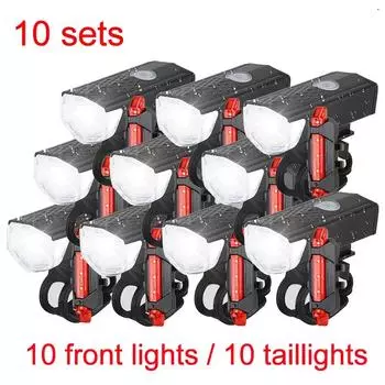 10 Set Bike Light Bicycle Headlight Taillight Rechargeable Front Rear Set MTB Bike Flashlight Cycling Lamp Bicycle Accessories