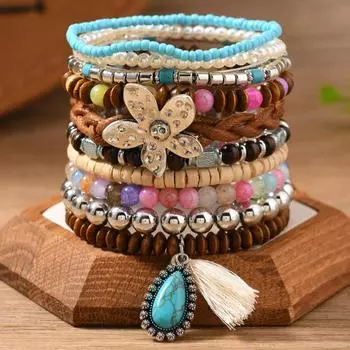 10/set, multi-layer beaded bracelet, elastic rice bead bracelet. разноцветный