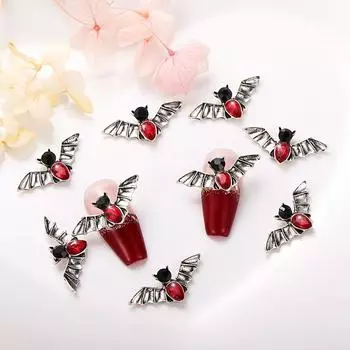 10 шт., 3D-металлическая подвеска в виде летучей мыши с красным и черным искусственным драгоценным камнем, милые аксессуары для ногтей для женщин и девочек