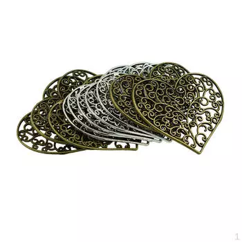 10 шт., 64x56 мм, большие полые филигранные подвески в форме сердца, винтажный модный кулон из бронзы и сплава