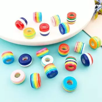10 шт., 8*14 мм, круглые бусины из смолы в полоску с большим отверстием, акриловые семицветные радужные свободные бусины, браслет «сделай сам», интервальные бусины Style 9