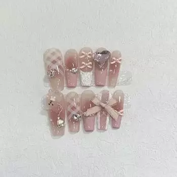 10 шт. блестящие накладные ногти ручной работы с полным покрытием и бантом, дизайн, элегантные накладные ногти в виде гроба, искусственный маникюр, носимые типсы для ногтей XS