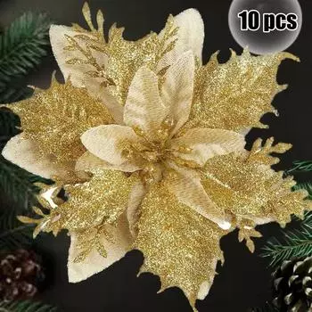 10 шт. блестящие розовые рождественские цветы елка 14 см искусственные цветочные украшения 2024 рождественские украшения для дома новый год 10pcs красный