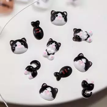 10 шт. черно-белые аксессуары для ногтей для кошек, мультяшные 3D-наклейки на ногти с милой кошачьей попкой, маленькие рыбки, украшения для ногтей из смолы, маникюрные украшения своими руками