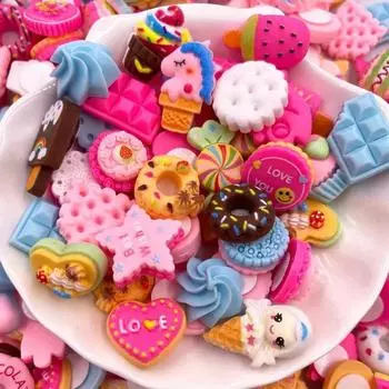 10 шт., фигурки из смолы во многих стилях, каваи, красочные, различные, торт, конфеты, модель для скрапбукинга, плоская задняя часть, 3D миниатюры еды, сделай сам, случайная смешанная упаковка