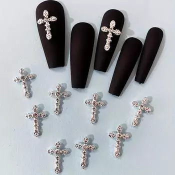 10 шт. французские индивидуальные 3D-подвески для ногтей с крестом и стразами-яркий серебряный дизайн для женских акриловых ногтей