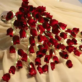 10 шт. искусственных цветов, лозы, искусственные цветочные гирлянды, цветочная гирлянда со светодиодными огнями, шелковые подвесные лозы для свадебной вечеринки, декор стен в саду красный