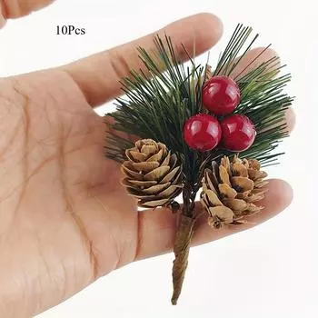 10 шт. искусственных сосновых веточек с красными ягодами и шишками, веточки искусственной хвои в американском стиле, пластиковая рождественская зелень для венков своими руками