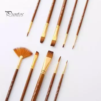 10 шт. Кисти для рисования, заостренные, плоские, с деревянной ручкой, нейлоновые, многоцелевые, для рисования, подарки коричневый