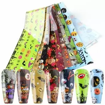 10 шт., клейкая фольга для дизайна ногтей, наклейки на Хэллоуин, Новый год, наклейки, обертывание, маникюр