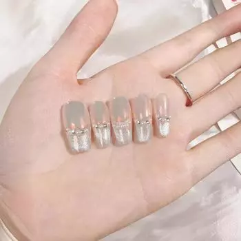 10 шт./компл., чистые, ручной работы, носимые наклейки для фототерапии ногтей, усовершенствованные французские хрустальные длинные накладные ногти с эффектом кошачьего глаза, съемные XS
