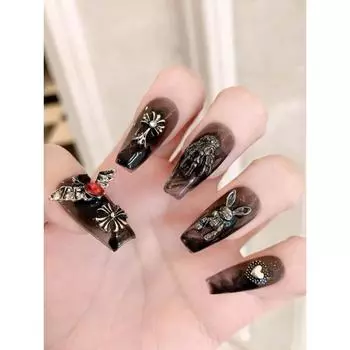 10 шт./компл., накладные ногти ручной работы, темные наклейки для ногтей на Хэллоуин, накладные ногти в виде летучей мыши-паука XS