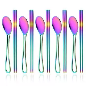 10 шт./компл. Радужные палочки для еды из нержавеющей стали, набор ложек, длинные ручки, плоские нескользящие палочки для еды, столовые ложки, набор столовой посуды