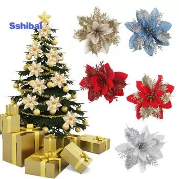 10 шт./компл., рождественские искусственные цветы, блестящие листья, красный, золотой, серебряный цвет, многослойный рождественский венок, украшение, искусственный цветок, реквизит для фото серебряный