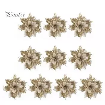 10 шт./компл., рождественские искусственные цветы, блестящие листья, красный, золотой, серебряный цвет, многослойный рождественский венок, украшение, искусственный цветок, реквизит для фото золотистый