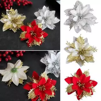 10 шт./компл., рождественские искусственные цветы, блестящие листья, красный, золотой, серебряный цвет, 3 слоя, Рождественская елка, венок, украшение, искусственный цветок, реквизит для фото красный/золотистый