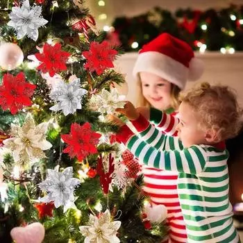 10 шт./компл., рождественские искусственные цветы, блестящие листья, красный, золотой, серебряный цвет, 3 слоя, Рождественская елка, венок, украшение, искусственный цветок, реквизит для фото золотистый/красный