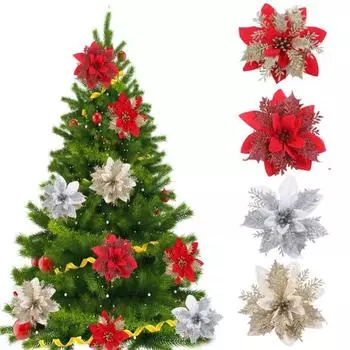 10 шт./компл., рождественские искусственные цветы, блестящие листья, красный, золотой, серебряный цвет, 3 слоя, Рождественская елка, венок, украшение, искусственный цветок, реквизит для фото