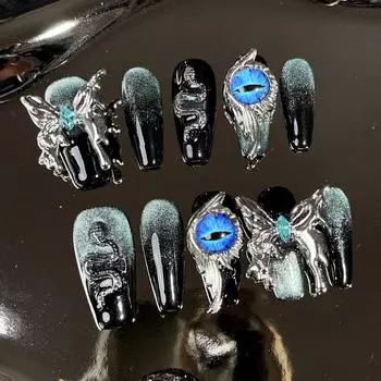 10 шт./компл. съемные черные наклейки для ногтей ручной работы, готовые металлические накладные ногти в виде бабочек XS