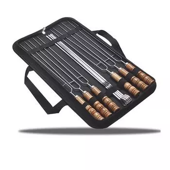 10 шт./компл. шампуров для барбекю из нержавеющей стали с деревянной ручкой, палочки для жарки на гриле, сумка для хранения инструментов для кемпинга на открытом воздухе