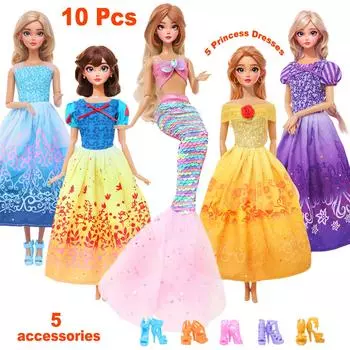 10 шт./комплект одежды и аксессуаров для куклы Барби, 5 платьев, свадебное платье + 5 туфель на высоком каблуке, детская игрушка в подарок