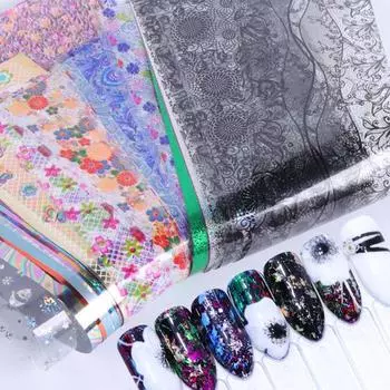 10 шт./кор. наклейки для ногтей, изысканное украшение для ногтей, красочные цветочные наклейки на фольгу с изображением звездного неба и сияния, маникюрные бумажные насадки для салона 1