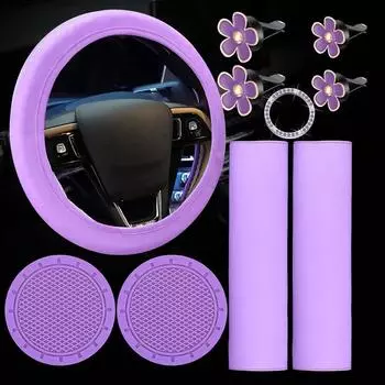 10 шт. кожаный чехол на руль для женщин с ремнем безопасности, подплечники, подстаканники, украшения для автомобиля, милый набор аксессуаров для автомобиля розовый