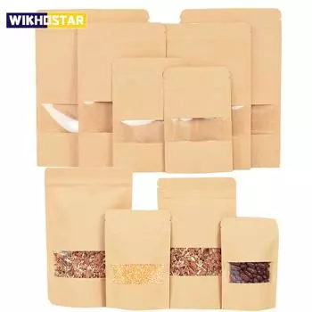 10 шт. крафт-бумага пакеты с застежкой-молнией и окошком еда закуски чай самозапечатывающийся мешок для хранения свадьба дом конфеты подарки упаковочный мешок 9*14cm
