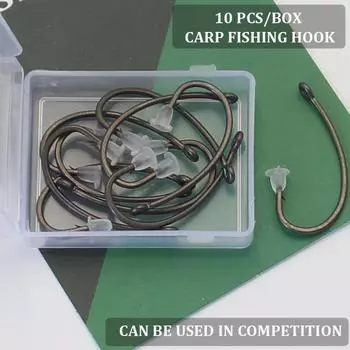 10 шт. крючок для ловли карпа, крючки для ловли карпа с тефлоновым покрытием, высокоуглеродистая сталь, матовый черный с микро-колючим крючком, пригодный для соревнований