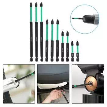 10 шт. магнитных бит PZ2 для отвертки, набор сверхмощных длинных шестигранных бит Pozidriv с хвостовиком, крестообразный бит для электросверления красный