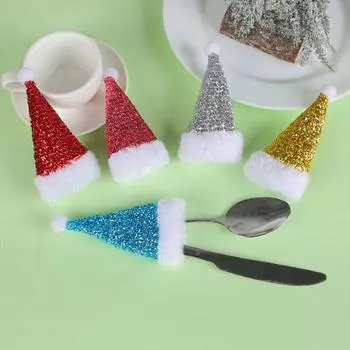 10 шт., мини-шляпа Санта-Клауса, 10 шт., праздничные рождественские украшения для стола, чехлы для вилок, товары для дома