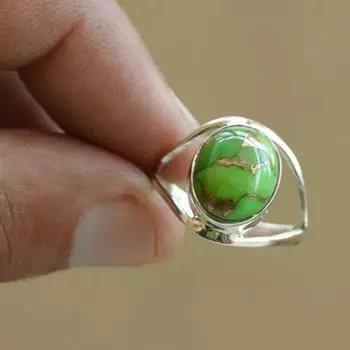 Кольцо с бирюзой, Эффектное кольцо, Минималистское кольцо, Кольцо из стерлингового серебра, Изящное кольцо, Кольцо с драгоценным камнем, Богемное кольцо, Натуральная бирюза 6-9 зелёный