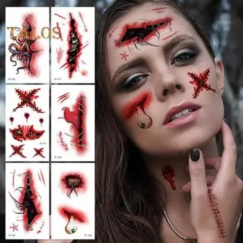 10 шт. наклейки для татуировки на Хэллоуин, шрам, временный косплей, боди-арт, наклейка для детей, пасхальный палец, реалистичный узор, наклейки для лица, жуткая атмосфера вечеринки C