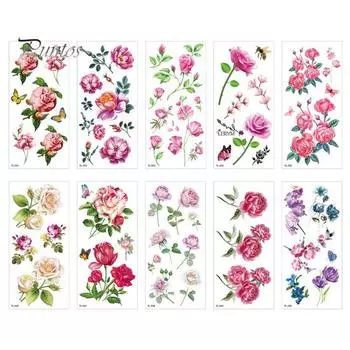 10 шт. наклейки с цветочными татуировками, водостойкая экологически чистая переводная бумага, татуировки с цветком розы, цветочные наклейки для женщин, временные татуировки для боди-арта E