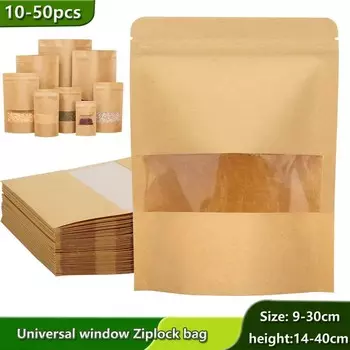 10 шт. пакетов для еды с застежкой-молнией, крафт-бумага, пакет с окошком, стоячий подарок, сухофрукты, чай, упаковка, пакеты, самозапечатывающиеся пакеты с застежкой-молнией 9x14cm 10pcs