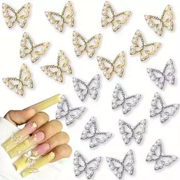 10 шт., подвески для дизайна ногтей с золотой бабочкой, 3D-сплав для дизайна ногтей с жемчугом, блестящая бабочка с кристаллами для дизайна ногтей, маникюрный салон «сделай сам»