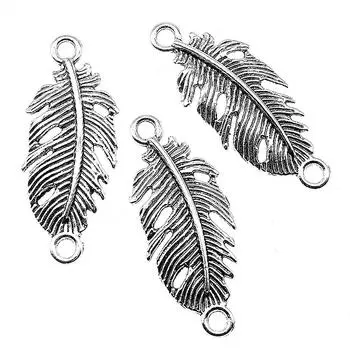 10 шт., разъем для ювелирных изделий, компоненты браслета, винтажный разъем с перьями 35x14 мм B13849 античный серебряного