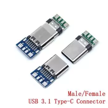 10 шт. разъем USB 3.1 Type-C 24 контакта, адаптер гнезда «папа» / «мама» для припоя проводов и кабелей, плата поддержки 24 контакта
