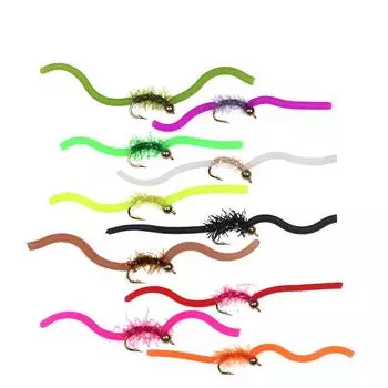 10 шт., разноцветные #10, латунная бусина, голова червей Sanjuan, розовая, оливково-зеленая, с мигающим телом для ловли форели, извивающиеся черви