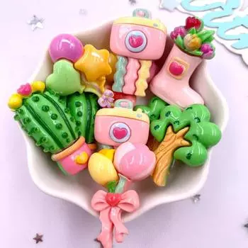 10 шт., разноцветные кавайные воздушные шары из смолы, цветок кактуса, дерево, плоская задняя часть, каменные фигурки, альбом для скрапбукинга, аксессуары для декора с бантом «сделай сам»