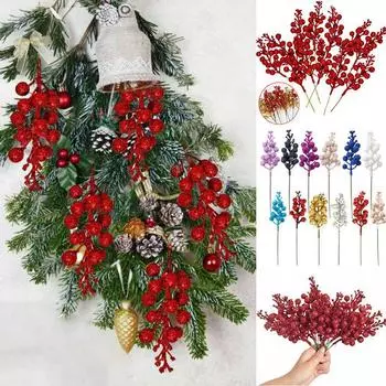 10 шт., рождественские блестящие ягоды, стебли, искусственная рождественская имитация, ягоды Холли, сосновая ветка для украшения елки, праздник, домашний декор 10PCS золотой