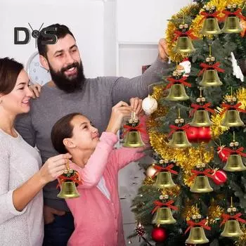 10 шт. Рождественские колокольчики, украшения, мини-металлический колокольчик с бантом из ленты, подвеска в виде рождественской елки для домашнего декора на Новый год 5.5 cm золотистый