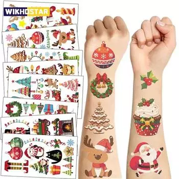 10 шт. Рождественские наклейки-татуировки, подарки для детей, Санта-Клаус, лось, снеговик, рождественская вечеринка, водонепроницаемые наклейки-татуировки, подарки A