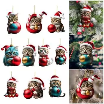 10 шт. Рождественские украшения мультяшный кот в шапке Санты акриловые подвески 2D плоские подвесные украшения