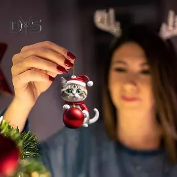 10 шт. Рождественские украшения мультяшный кот в шапке Санты акриловые подвески 2D плоские подвесные украшения для зеркала заднего вида автомобиля дерево окно 10 pcs