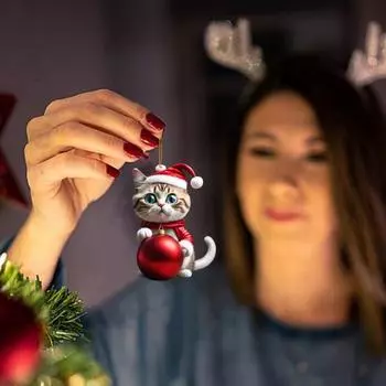 10 шт. Рождественские украшения мультяшный кот в шапке Санты акриловые подвески 2D плоские подвесные украшения для зеркала заднего вида автомобиля дерево окно 10 pcs